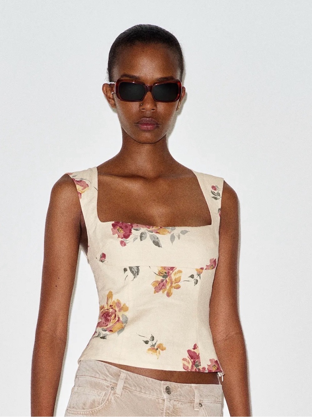 Reformation Cream Floral Square-Neck Camisole